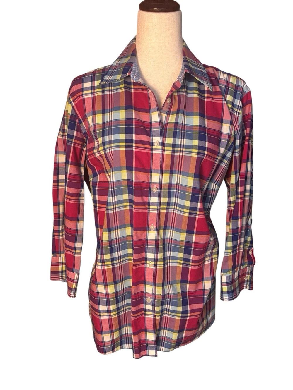 Chaps Womens Plaid No Iron 3/4 Sleeve Collared Cotton Blouse Plus Size 1X EUC